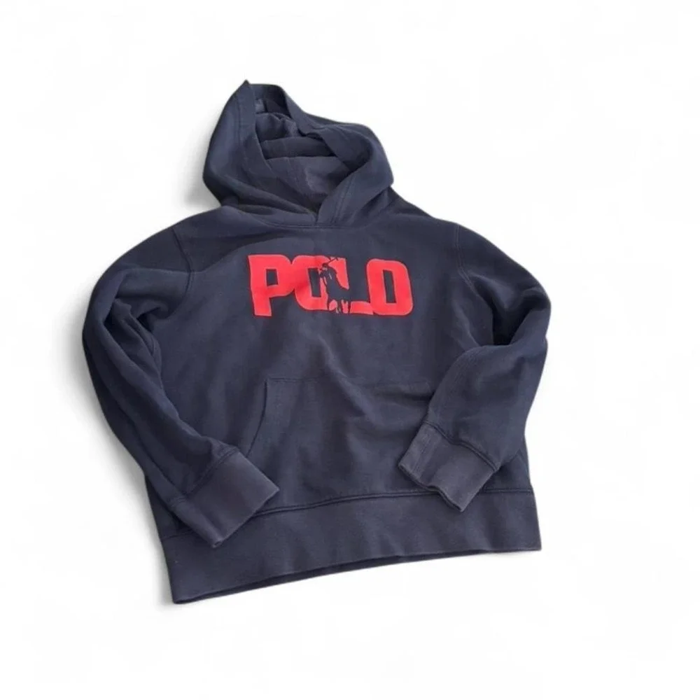 Vintage Polo Ralph Lauren kids hoodie in navy blue with oversized‎ red POLO logo